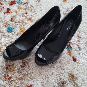 Also patent leather peephole heel